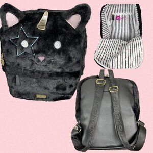 Betsey Johnson Logo Black Cat Unicorn Face Fur & Faux Leather Laptop Backpack